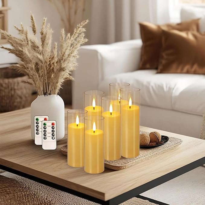 Flickering Flameless Candles Battery Operated with Remote and 2/4/6/8 H Timer Plexiglass LED Pillar Candles with Realistic Moving Wick for Home Decor Pack of 48 (D2.2 xH 5" 6" 7") (Ivory)