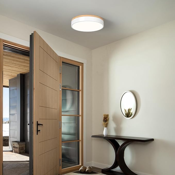 Dimmable Wood Ceiling Light Fixture 2700K-6000K 5CCT Modern White LED Flush Mount Ceiling Light Minimalist Circle Close to Lighting Fixture for Bedroom Kitchen Bathroom Laundry Room 11.81 Inch