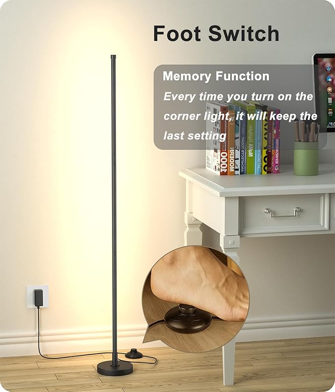 Corner Lamp, Minimalist LED Lamp with Remote Control, Dimmable Corner Light, Corner Floor Lamp Perfect for Living Room, Bedroom, Home Office, 7 Color Temperature 3000K-6000K (Black, 1 Pack)