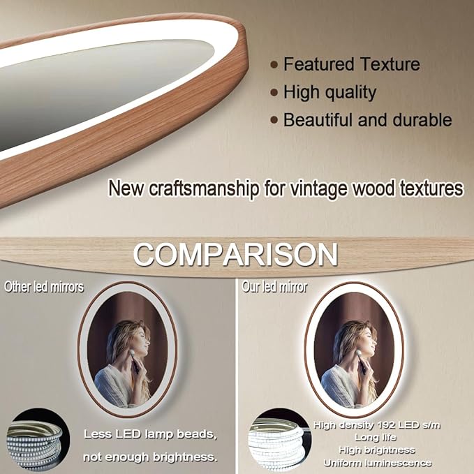 24 x 36 Inch Wood Frame LED Oval Mirror with Lights Smart Memory 3 Color Dimmable Frontlight AntiFog Wooden Grain Design 36 Inch Wood Oval Lighted Vanity Mirror for Bathroom Salon Wall Mounted