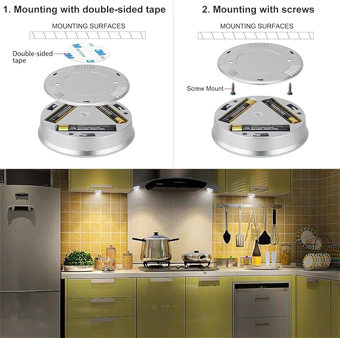 LUXSWAY Puck Light, LED Tap Light Push Lights, Battery Operated Stick On Night Light, Portable Under Cabinet Lights and Counter Lighting for Kitchen Sink, Shelf, 3-Pack, Silver