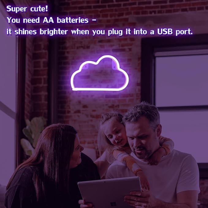 Cloud Neon Sign Purple Cloud Light Sign for Wall Decor,Battery or USB Powered Clouds Shaped LED Sign Decoration Lights for Bedroom Aesthetic Teen Girl Kid Room Christmas Birthday Wedding Party