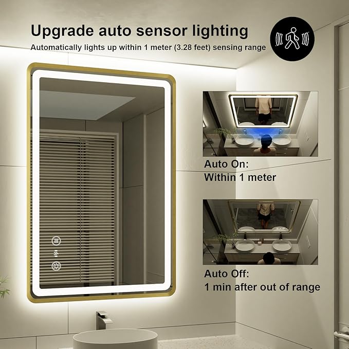 24x36 Inch Gold Framed LED Bathroom Mirror, Smart Bathroom Mirror with Motion Sensor Lights, Anti Fog, Stepless Dimmable & 3 Colors Temperature Adjustment, LED Vanity Mirror for Wall