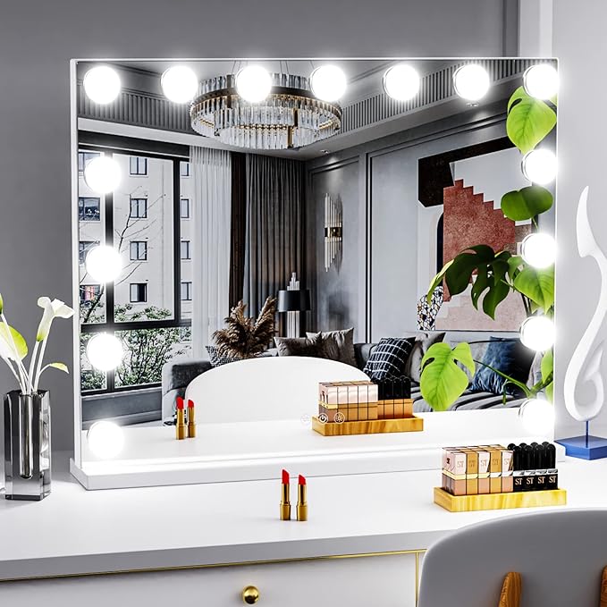 22.8 x 18.2 Vanity Makeup Mirror with Lights, 10X Magnification,Large Hollywood Lighted Vanity Mirror with 15 Dimmable LED Bulbs, USB Charger Port, Tabletop or Wall-Mounted Gold