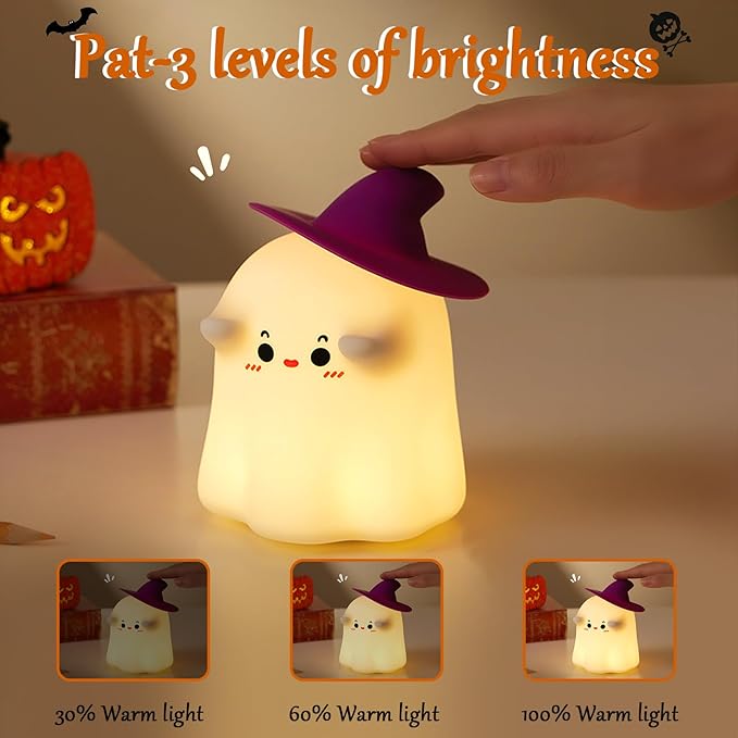 Ghost Night Light, Cute LED Silicone Lamp,Dimmable Bedside Bedside LED Lamp, Rechargeable Nursery Nightlight, with 30 Minute Timer Touch Lamp for Birthday Halloween Christmas Bedroom Decorations