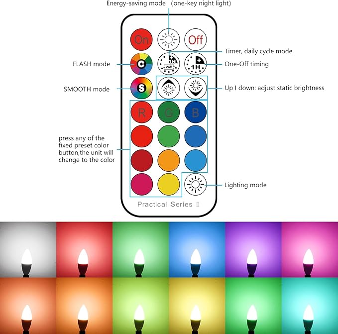 E12 LED Candelabra Light Bulbs 40W Equivalent, B11 Color Changing Candle Bulb with Remote Control,Colored Chandelier Light Bulbs RGB+5000K Daylight,5 Watt,12 Colors,2 Modes,Timer,Small Screw Base