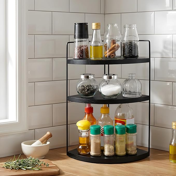 Corner Bathroom Counter Organizer Countertop Black, 3-Tier Corner Shelf Wood Vanity Tray Easy Assembly Space Saving Shelf for Kitchen, Bathroom, Dresser, Makeup, Office
