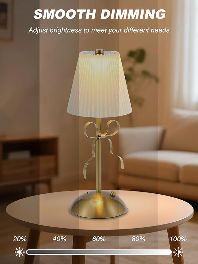 Cordless Table Lamp,Small Desk Lamp with 3 Color,Touch Dimmable Bedsdie Lamps,Bow Lamp with Fabric Shade,LED Night Light for Girls Room Princess Room Decor(Gold)