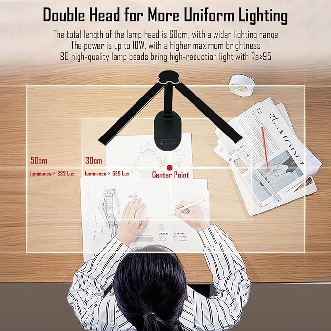 LED Double Head Desk Lamp with Night Light, 5 Color Temp, Slide Steplessly Adjust Brightness, 60 min Timer, Touch Control, Foldable Table Light for Working, Reading (Black Rechargeable)
