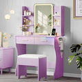 Makeup Vanity Desk with Mirror & Lights, Small Vanity Table Set for Girls with Chair & Power Outlet, Modern Dressing Table with 2 Drawers & 4 Storage Shelves, Adjustable RGB Lighting - Purple