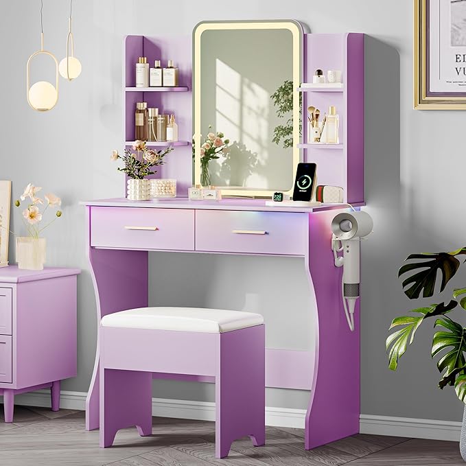 Makeup Vanity Desk with Mirror & Lights, Small Vanity Table Set for Girls with Chair & Power Outlet, Modern Dressing Table with 2 Drawers & 4 Storage Shelves, Adjustable RGB Lighting - Purple