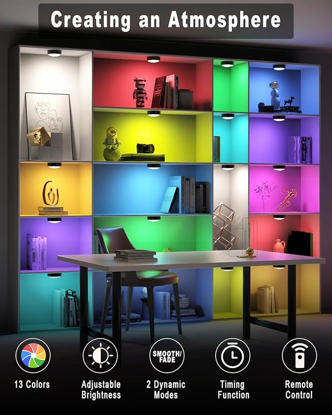 HELPLEX LED Puck Lights with Remote, 6 Pack Color Changing RGBW, Battery Powered, Dimmable Under Cabinet Lighting with Timer & Memory, Wireless Stick-On Lights, Black
