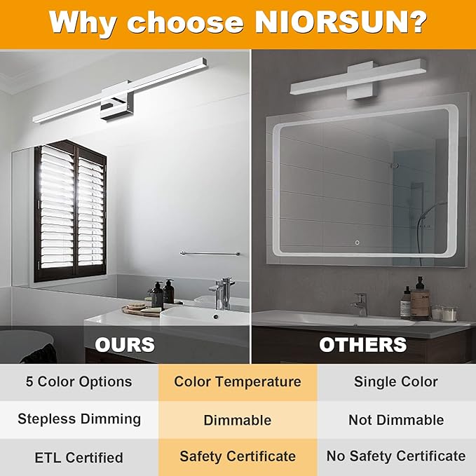 NIORSUN 31.5 inch Chrome Bathroom Vanity Light,18W 5CCT Dimmable LED Bathroom Lighting Fixtures Over Mirror, Modern Vanity Lights for Bathrooms Restroom Mirror- ETL Certified