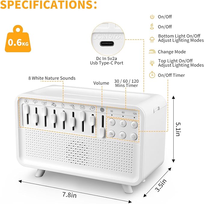 4-in-1 White Noise Sleep Sound Machine with Humidifier, Diffuser, Bluetooth Speaker & Night Light, 8 Natural Sounds, USB Powered, Timer, Sound Machine for Sleeping Adults and Baby, Bedroom, Yoga
