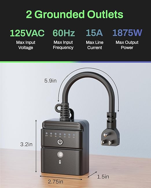 BN-LINK Outdoor Timer with Remote Control, Dusk to Dawn Light Sensor, Waterproof Plug-in Timer Outlet, 2 Grounded Outlets, 100ft Range, Perfect for Christmas & Halloween Lights, 15A 1/2HP ETL,2pack