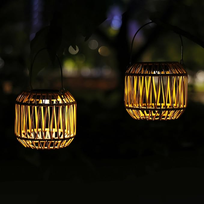 Solar Outdoor Rattan Lanterns, Decorative Hanging Lights for Patio Garden Backyard（Two Pack）(Style 1)