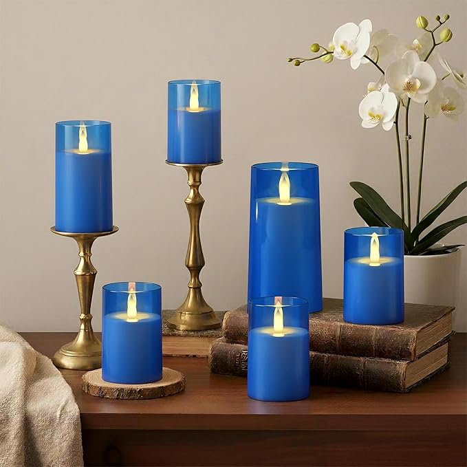 Raycare Flameless Electronic Pillar Candles with Remote Control and Timer- Battery Operated Realistic Flickering LED Fake Candle for Home, Wedding, Valentine's Day Decor,Blue,Set of 3(3"x4"5" 6")