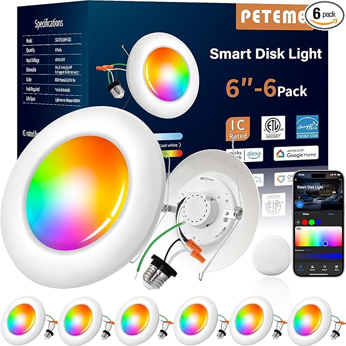 Peteme Smart Led Disk Lights, Smart Flush Mount Ceiling Lights 5/6 Inch, RGBWW Color Changing Dimmable Recessed Light, IC Rated ETL Certified, Compatible with Alexa/Google, Sync to Music,1150LM, 6Pack
