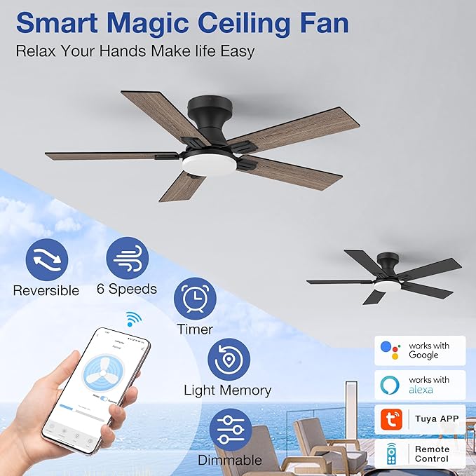 42 Inch Ceiling Fans with Lights,Smart Low Profile Ceiling Fan with Light and Remote Control,Alexa,APP,Black Flush Mount Ceiling Fans for Bedroom,Patio,PorchOutdoor Indoor Use,5 Blades,Dimmable,Quiet