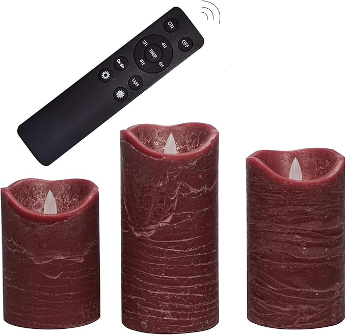 CANDLE CHOICE Battery Operated Flameless Candles with Remote Timer Real Wax Realistic Flickering Electric LED Pillar Lights for Home Wedding Party Christmas Decorations 3 Pack Rustic Texture Burgundy