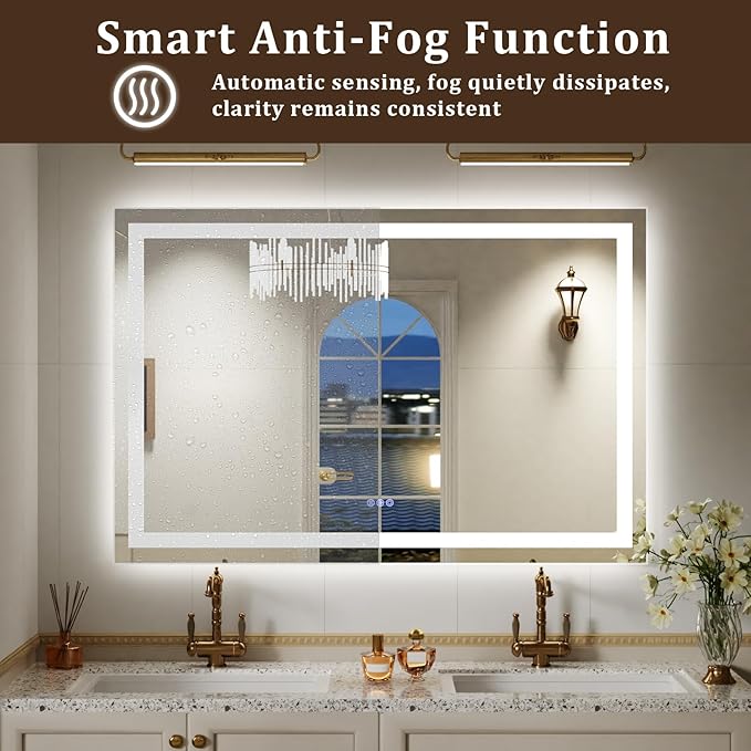 60"x40" Large Smart LED Bathroom Mirror - Dimmable Brightness, Backlit & Frontlit Lighting, 3 Color Modes, Anti-Fog, Memory Function, Wall Mounted Lighted Vanity Makeup Mirror