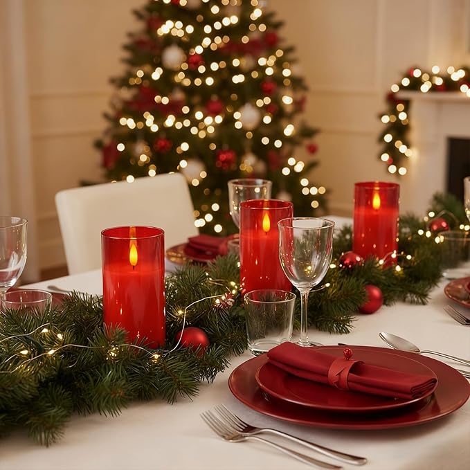 Amagic Christmas Glass Flameless Candles with Remote, Real Wax Pillar Candles Batter Operated with Timer, Red LED Fake Candle for Thanksgiving Decor, Set of 3, D3 xH4 5" 6"