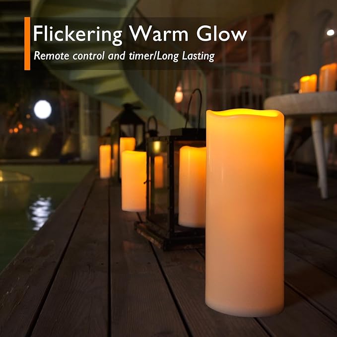 Homemory 12" x 5" Large Waterproof Outdoor Flameless Candles with Remote Control and Timer, Battery Operated Flickering LED Pillar Candles for Outdoor Larterns, Porch, Long Lasting, Set of 2
