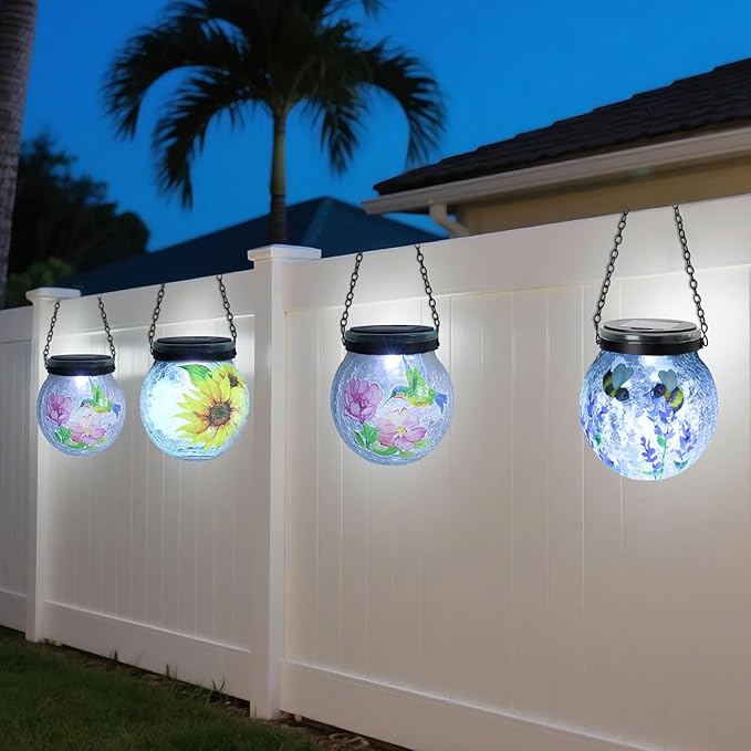 WONDER GARDEN Solar Lanterns Outdoor Waterproof, 3 Pack Hanging Solar Lights Decorative, Sunflower Hummingbird Bee Glass Garden Lantern Light for Yard Outside Patio Outside Decor Gift, White Light
