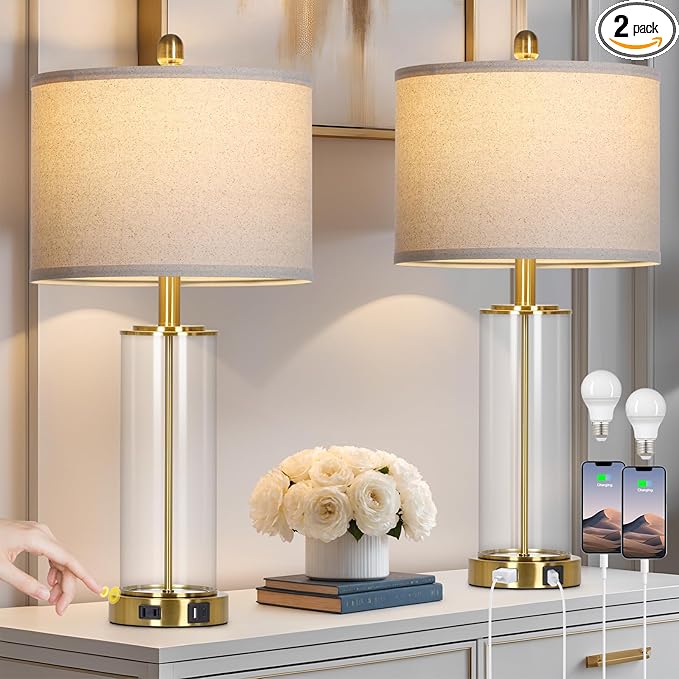 26" Gold Glass Table Lamps Set of 2, 3-Way Dimmable Touch Control Living Room Lamp with USB C+A Ports & AC Outlet, Modern Bedside Lamps, Elegant Bedroom Lamps for Nightstand Side End Table Desk