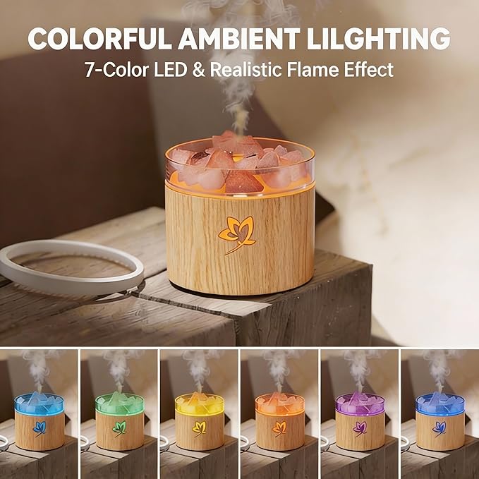 4-in-1 Ultrasonic Crystal Salt Stone Aromatherapy Diffuser & Humidifier - 7-Color LED Dreamy Flame Light, Auto Shut-Off, 2 Modes | Home/Office/Yoga (Wood Grain)