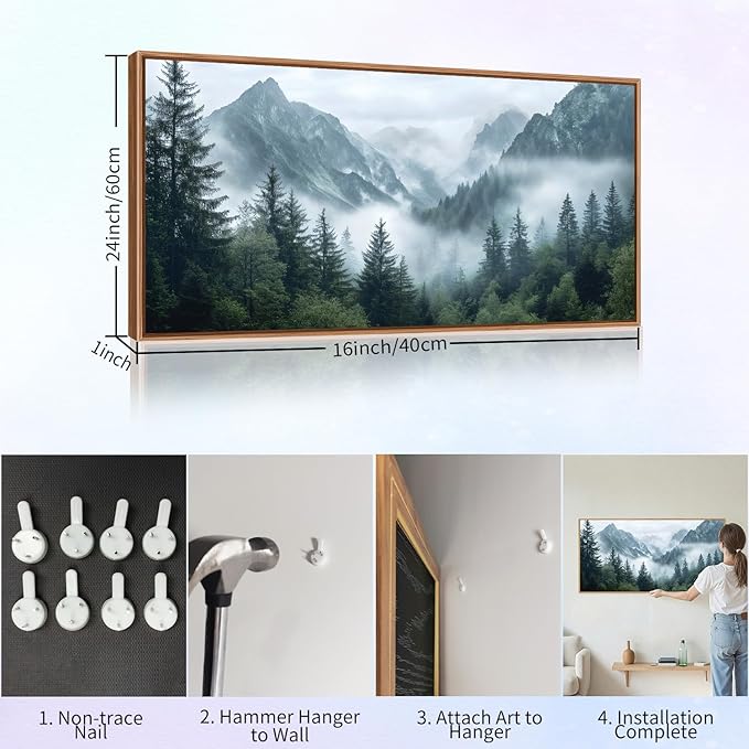 YeeHomedec Large Mountain Framed Canvas Wall Art, Modern Calming Forest Wall Decor, Misty Nature Mountains Art Painting, Wooden Pine Trees Artwork for Living Room Bedroom Farmhouse 20"x40"