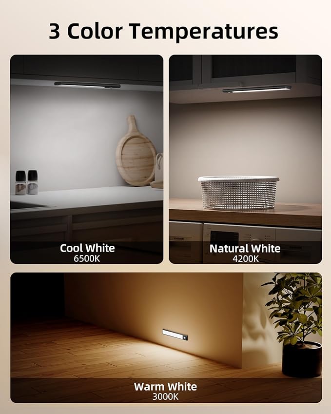 EZVALO 8" Under Cabinet Lighting, 1600mAh USB-C Rechargeable Motion Sensor Light, 3 Color Temps, 3-Level Dimmable Magnetic Wireless Closet Lights for Kitchen, Pantry, Stairs (2 Pack)