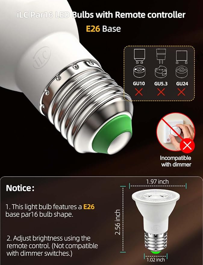 ILC Par16 LED Light Bulbs 40 Watt Equivalent Color Changing E26 Screw 45°, 12 Colors Dimmable Daylight White 5000K RGB LED Spot Light Bulb with 5W Remote Control,(Pack of 4)