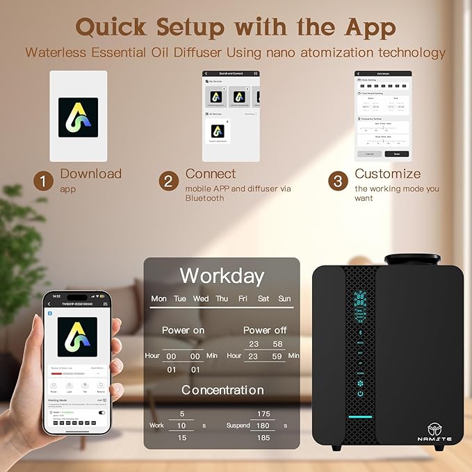 Diffusers for Home - Waterless Essential Oil Diffuser Smart LCD Touch & APP Control 2000 Sq.Ft, Home Diffuser 200ML Oil Level Monitoring for Large Room, Hotel, Office, Luxurious Metal