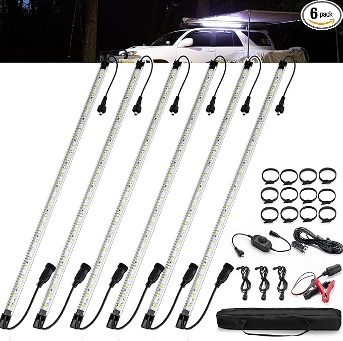 FIERYRED 12V Interior Light Bar Kit, Dimmable Camping Lights, Weatherproof IP67, Aluminum Magnetic Mount with Dimmer Switch, Portable Lights for Camping Tent Awning RV Car Trailer Boat (6 Pcs, White)
