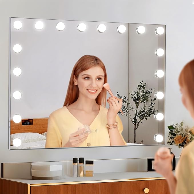 Vanity Mirror with Lights, 28” x 22” Large Hollywood Vanity Mirror, 3Color Models Touch Screen Control, 18 Bulbs LED Lights Mirror & 10X Magnifying Mirror, Tabletop or Wall-Mounted
