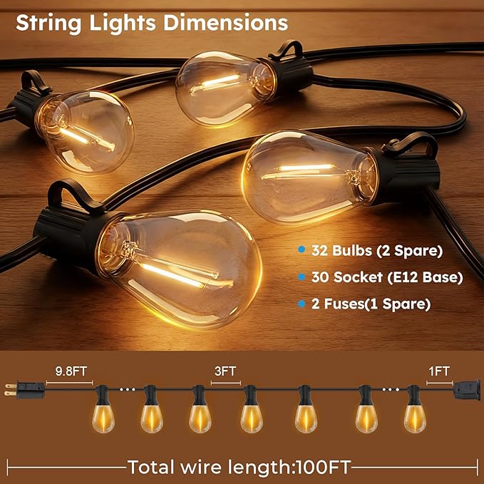 LED Outdoor String Lights, 100FT Waterproof Patio Lights with 32 Shatterproof S11 Plastic Bulbs, 2700K Warm White Edison Hanging Lights for Backyard, Garden, Porch, Bistro
