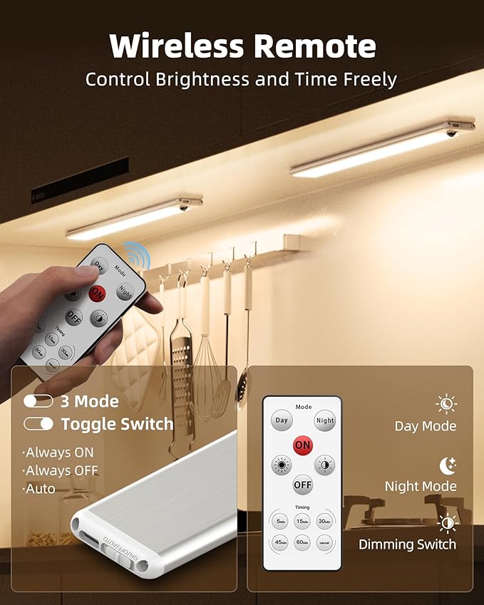 EZVALO Under Cabinet Lights, 14.5i'' Motion Sensor Light Indoor Dimmable, 4000mAh Rechargeable Closet Lights 3500K with Remote Control, Wireless Under Counter Light for Kitchen,Cabinet,Bedroom(4Pcs)