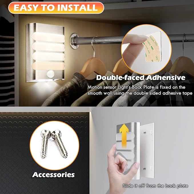 Leadleds Motion Sensor Wall Light Battery Operated, 2-Pack LED Wall Sconces Luxury Aluminum Stick Anywhere Auto On/Off Night Lights for Hallway, Closet, Pathway, Staircase, Garden