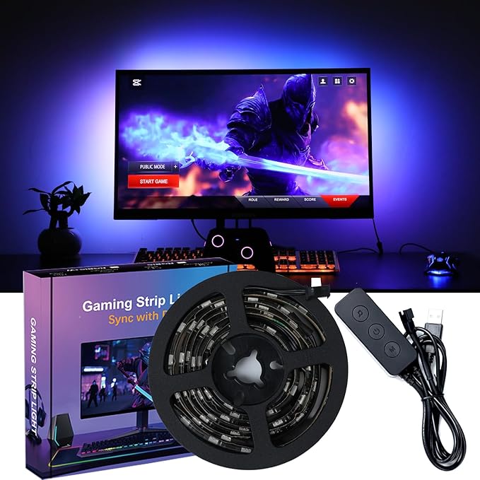 Gaming Lighting Sync PC Backlight 16 Million Color USB Powered RGB IC LED PC Backlight Strip for Gaming Room Decor, Smart LED Lights for Monitors with Color (for 34" PC)
