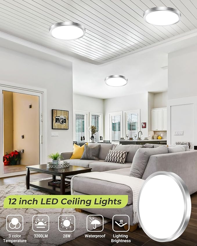 hepside 1PACK LED Flush Mount Ceiling Light - 3CCT Selectable 3000K-4000K-6500K & 100W Equivalent Modern Kitchen Recessed Ceiling Lamp 24W 3200Lm 12 Inch for Bathroom Closet Laundry Bedroom Hallway