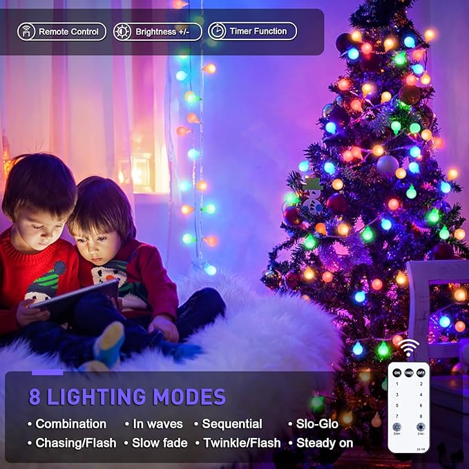 JMEXSUSS 100 LED Christmas Lights Indoor Plug in, 33ft 8 Mode Globe String Lights with Remote, Connectable Fairy Lights for Bedroom Room Tree Party Holiday Christmas Decoration (Multicolor)
