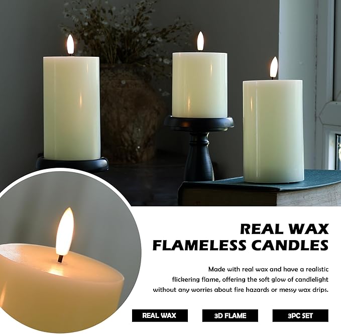 Flameless Pillar Candles with Remote, 3 Pack Battery Operated Real Wax LED Candles, Perfect for Home Decorations Fireplace Table, Ivory
