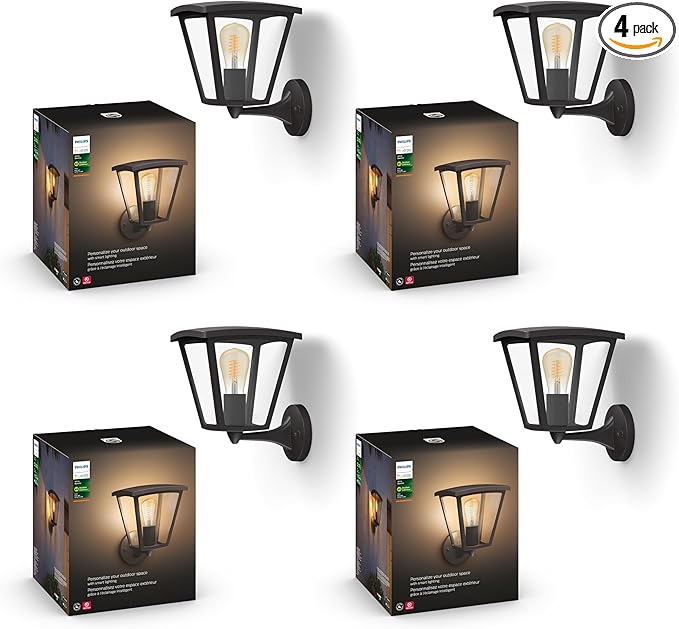 Philips Hue Inara Outdoor Smart Wall Light, Black - E26 White Filament LED Bulb - 4 Pack - Requires Hue Bridge - Control with Hue App and Voice - Weatherproof