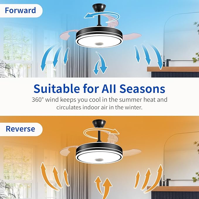 42'' Retractable Hanging Fan with Lights, Smart Fan Light with Bluetooth Speaker, App Control for Dimming & RGB Color Change Reversible Bedroom Living Room