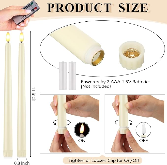 Reginary 48 Pcs Flameless Taper Candles with 4 Remote, Battery Operated Flickering Flameless Taper Candles 3D Wick Fire LED Faux Wax Lights for Wedding Christmas Holiday(Ivory,11 Inches)