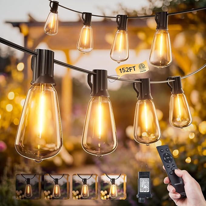 Minetom 152FT Outdoor String Lights with Remote, 48+2 Shatterproof ST38 LED Bulbs, Waterproof Patio Lights with 3 Modes, Dimmable & Connectable 2700K Hanging Lights for Backyard Porch Deck Balcony