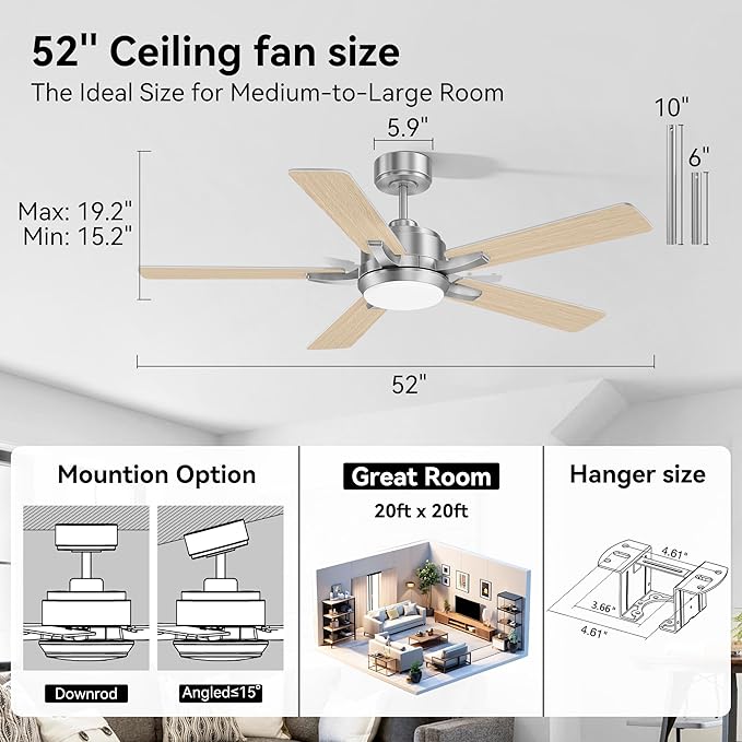 cumilo 52” Smart Outdoor Ceiling Fans LED Lights and Remote,Quiet DC Motor,6 Speed,Dimmable,Indoor Modern Brushed Nickel Ceiling Fan Controlled by WIFI Alexa App,Gray Silver Wood Bedroom Patio Porch