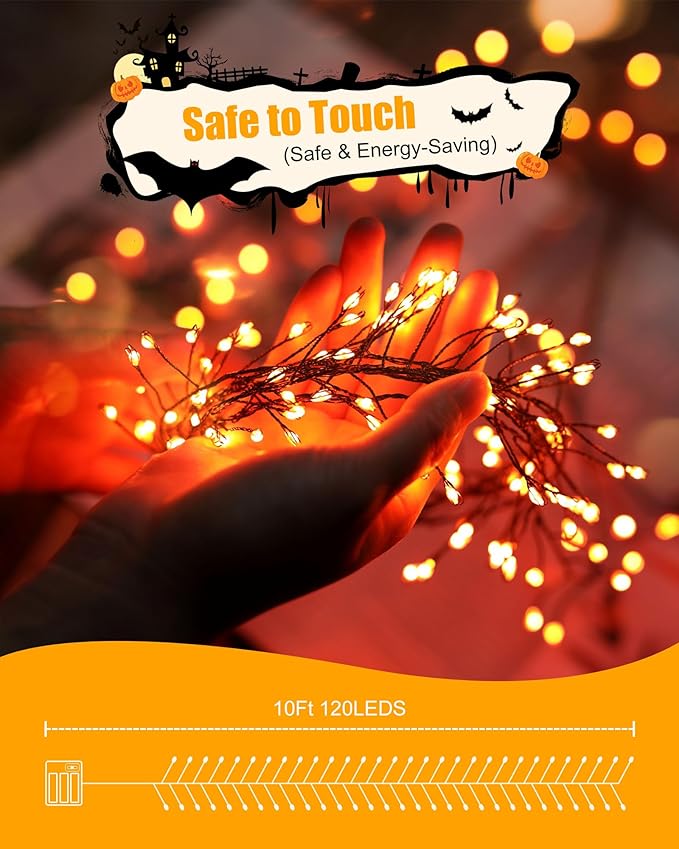 Halloween Fairy Lights Battery Operated, 10 Feet 120LEDs Firecracker String Lights Waterproof Silver Wire Starry Firefly Light for Bedroom Home Haunted House Indoor Outdoor Holiday Decorations, Orange