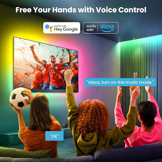 16.4ft LED Lights for 50-75 Inch TV, RGB+IC TV Lights Backlight Strip Behind, with 44 Scene Modes, Bluetooth APP and Voice Control, Music Sync Smart Ambient Lighting for Gaming, Bedroom, Living Room
